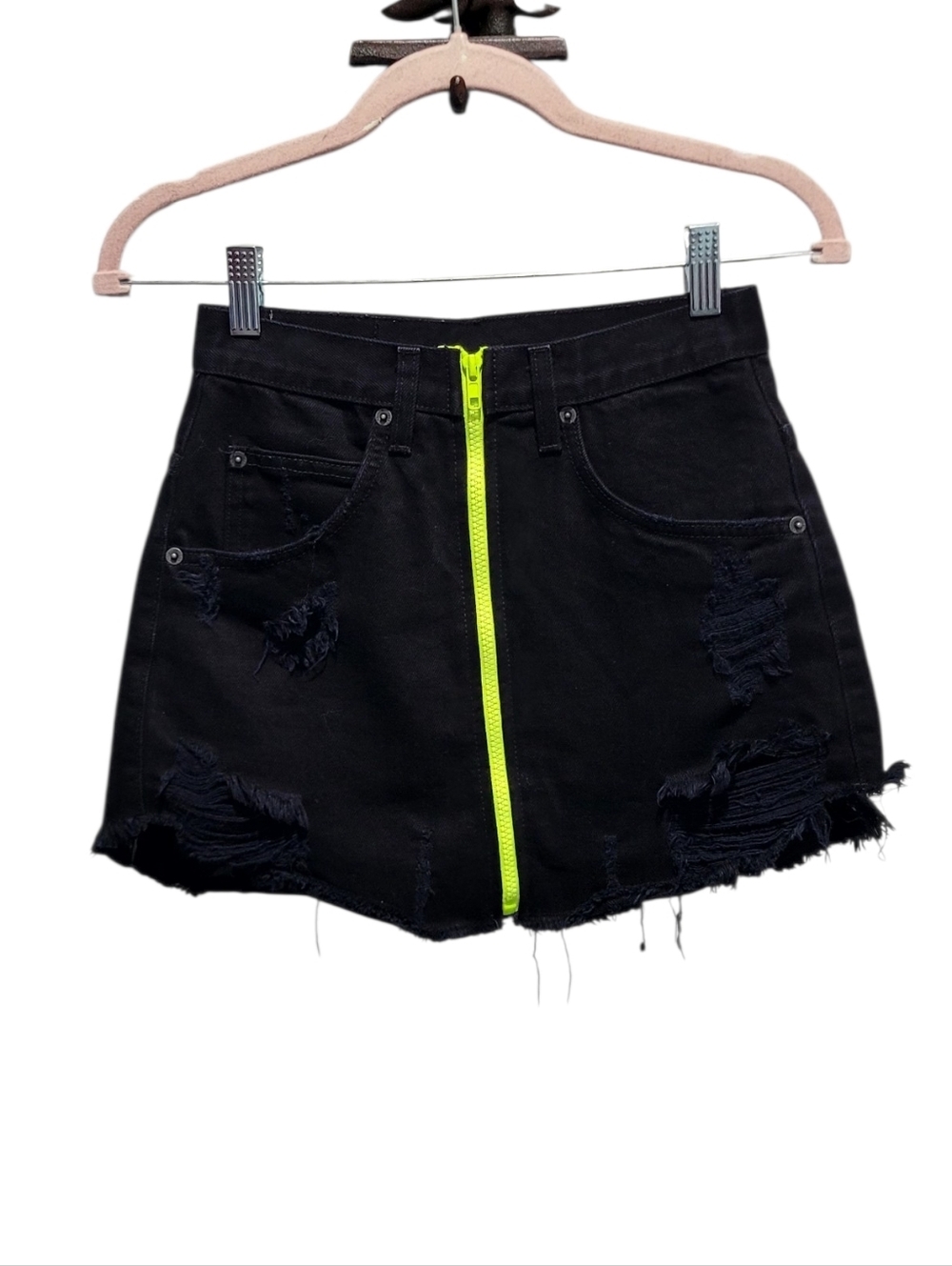 Carmar Beatrice Distressed Black Skirt Neon Front Zipper Mini Size 25